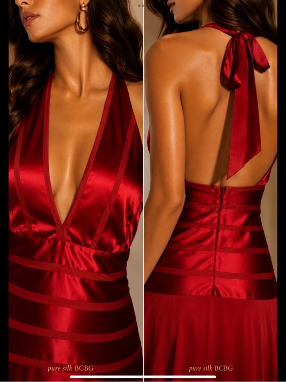 BCBGMAXAZRIA Pure Silk Halter Dress Red Y2K Glam Cocktail Evening Dress 10P - Picture 11 of 16